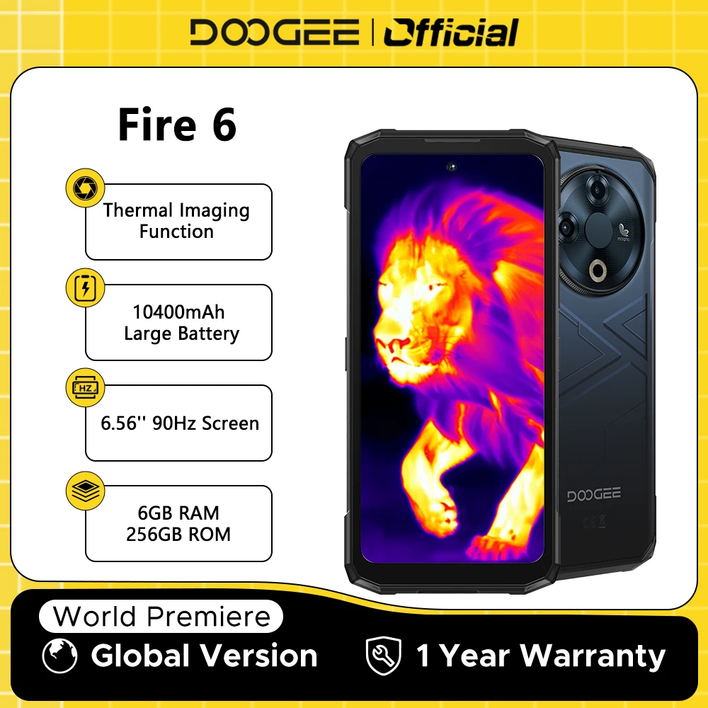 DOOGEE Fire 6 견고한 휴대폰, 6.56 인치, 90Hz 디스플레이, 6GB RAM, 256GB ROM, 50MP AI 메인 카메라, 10400mAh, 18W, 안드로이드 14, 월드 프리미어