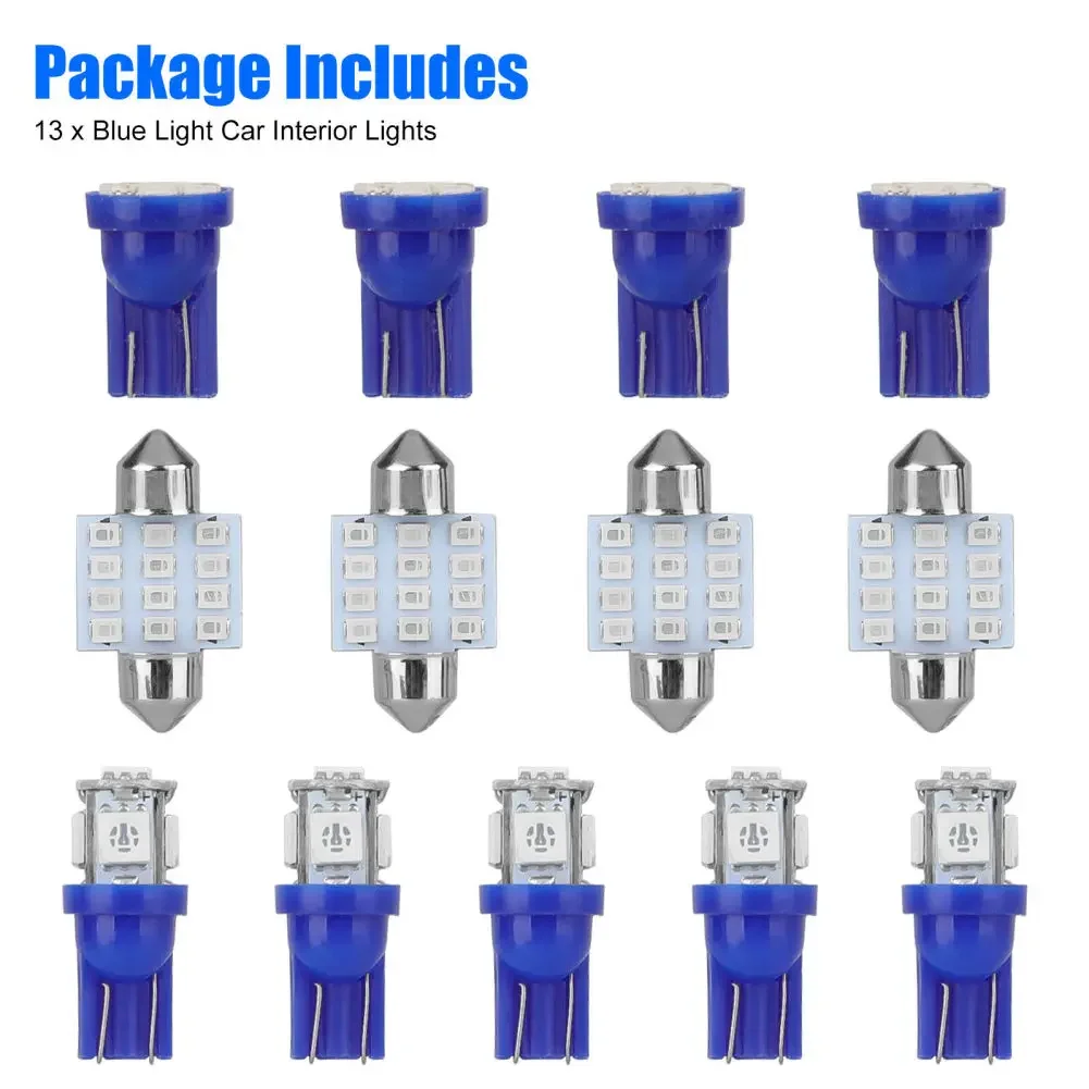 

13Pcs LED Car Bulb Kit 8000-10000K Blue High Brightness T10 31mm LED Bulbs Map Dome Door Trunk License Plate Light Bulbs