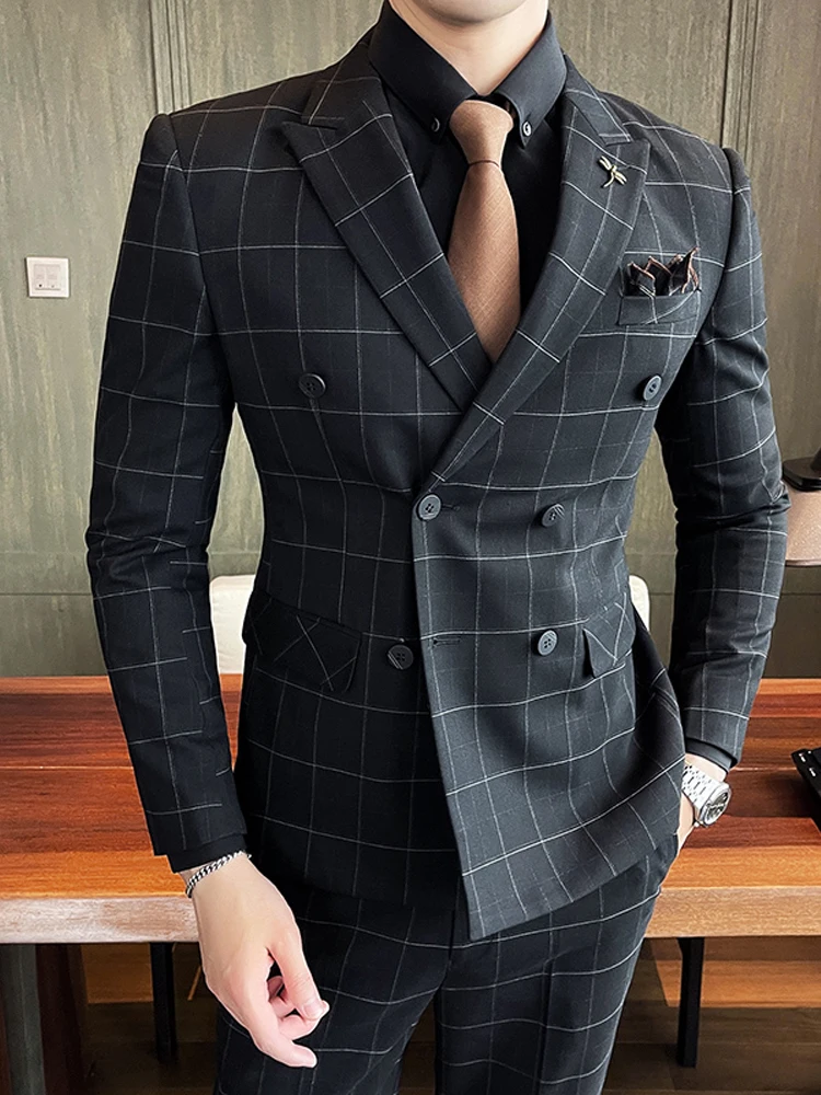 New Men\'s Fashion Boutique Classic Plaid Men\'s Formal Business Suit Blazer and Pants Groom Wedding Dress Double Breasted Suit