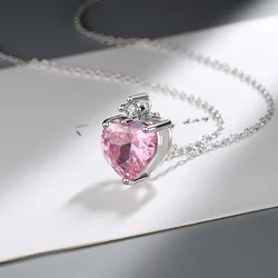 Fashion 925 Sterling Silver Zircon Pink Heart Necklaces For Women Luxury Designer Fine Jewelry Gift Female  Items