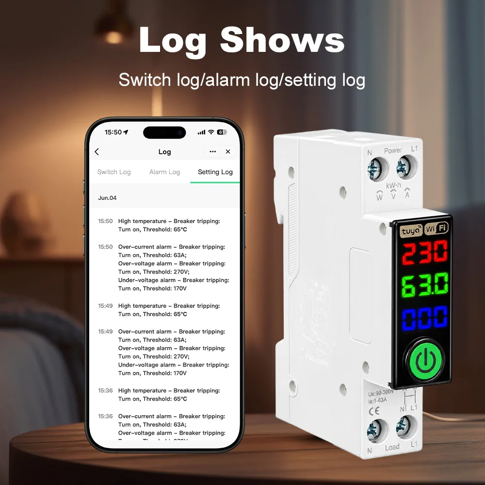WiFi Smart Circuit Breaker 1‑63A Tuya Smart Life APP Remote Control Energy Meter Over Under Voltage Overcurrent TEMP Protection