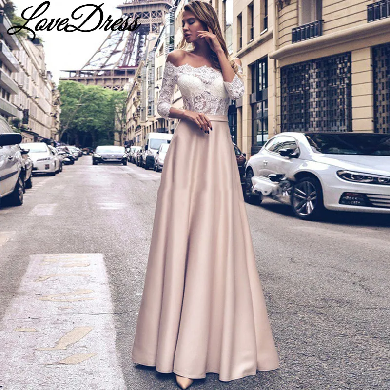 LoveDress Boat Neck Vestido de Noiva, 3/4 Manga, Lace Appliques, Vestido de noiva moderno, Botão Zipper Floor Length