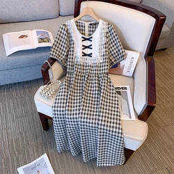 Plus-size women's summer casual black and white check dress Lace applique design French dress polyester fabric loose comfortable