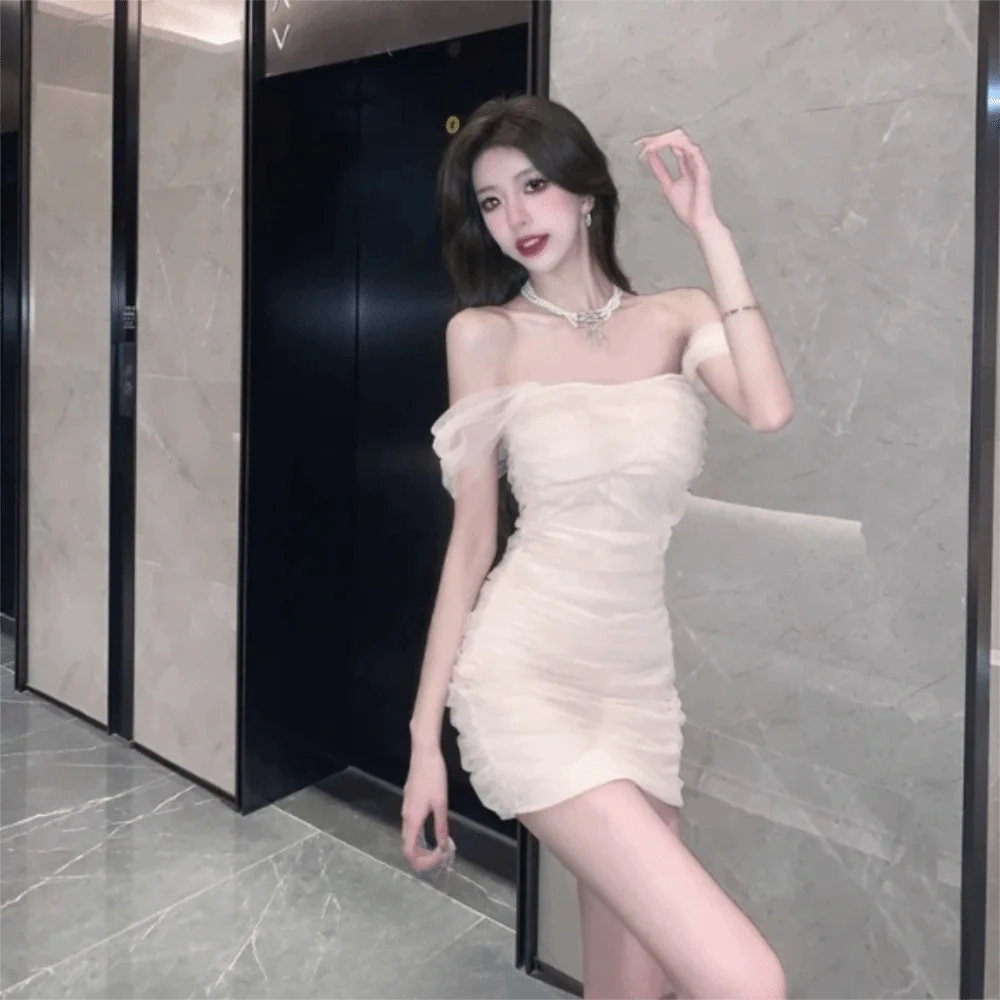 Puro desejo emagrecimento ajuste malha cinta vestido apertado estilo francês um ombro vestido tubo superior vestido verão wear