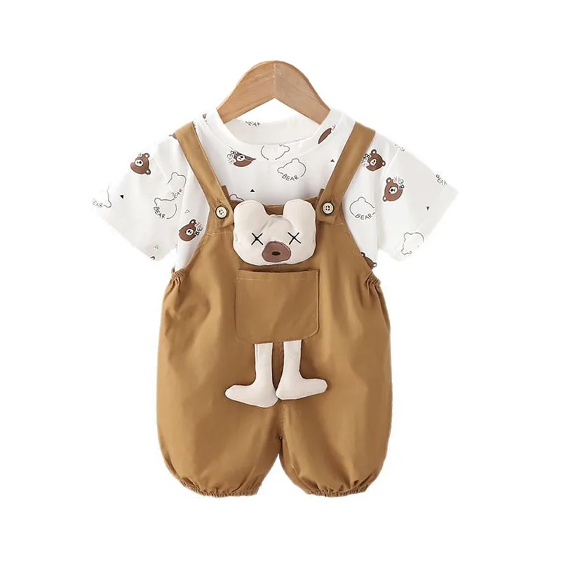 

2025 Children's Summer Set for Boy Korean Casual All Over Print Bear Short Sleeve T-shirts and Overalls Kids Infant Boys Clothes