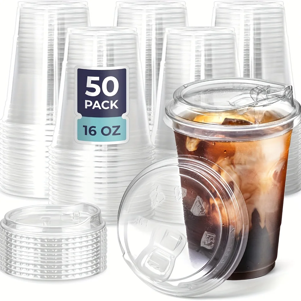 50Set Plastic Drinking Cups with Strawless Sip Lids, Disposable Cups for Cold Drinks, BPA Free - for Christmas, Halloween, Party