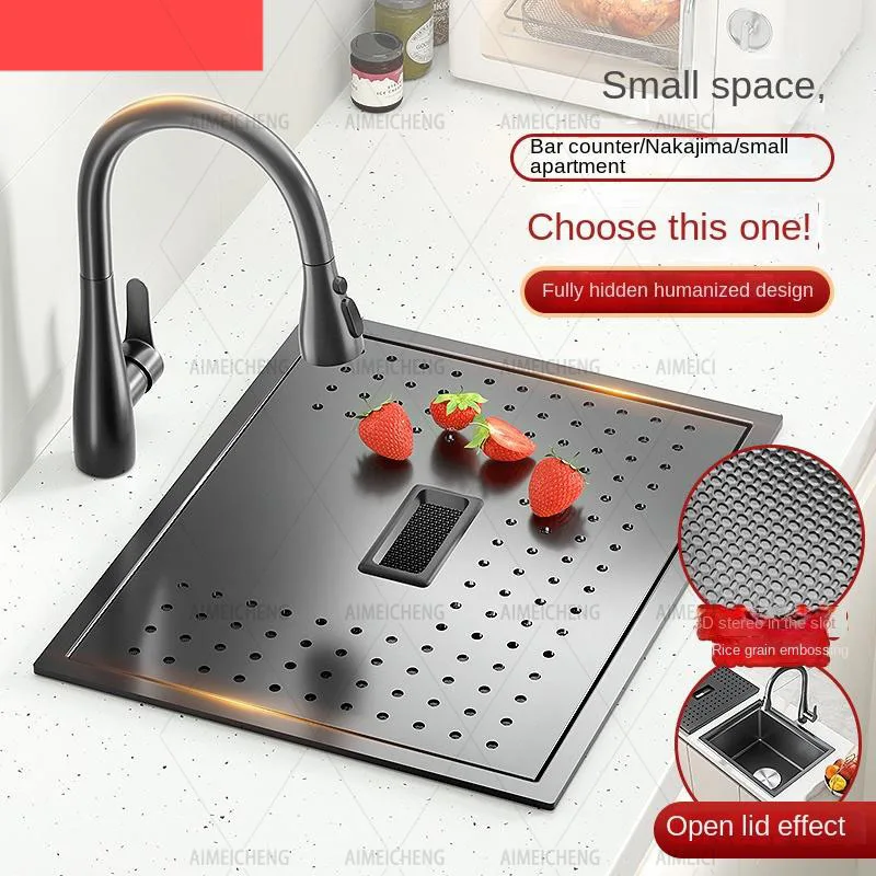 Nanometer Black Double Cover Hidden Sinks 304 Stainless Steel Sink Single Kitchen Sink