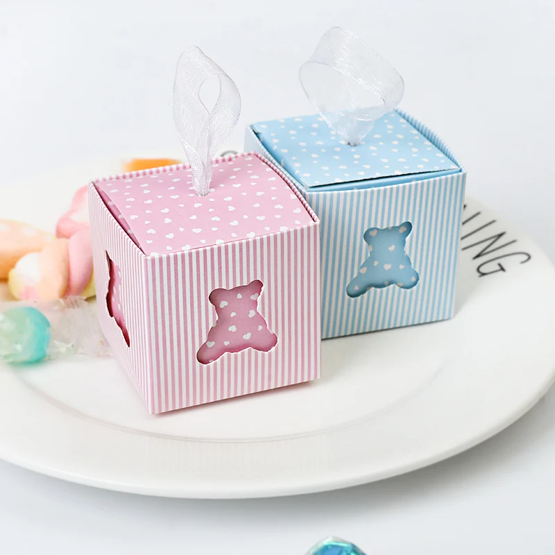 

10pcs Baby Boxes Hollow Out Bear Candy Box With Ribbons Gender Reveal Blue Pink Gift Packing Box Birthday Party Decor Kids Favor