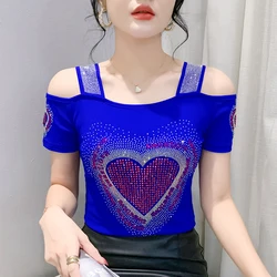 M-3XL High Quality Short Sleeve Clothes Summer New Sexy Off Shoulder Women Mesh Tees Tops Hot Diamonds T-shirt Bluses