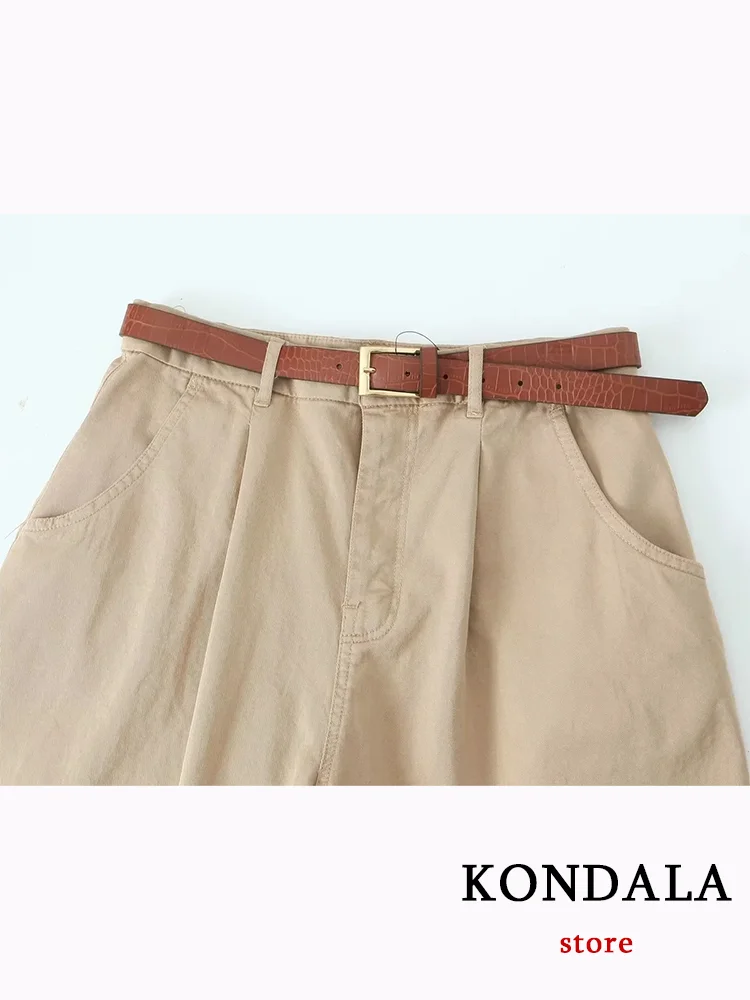 KONDALA Vintage Casual Chic Khaki Women Pants Solid Zipper Pockets Belt Straight Loose Pants New Fashion 2023 Autumn Trousers