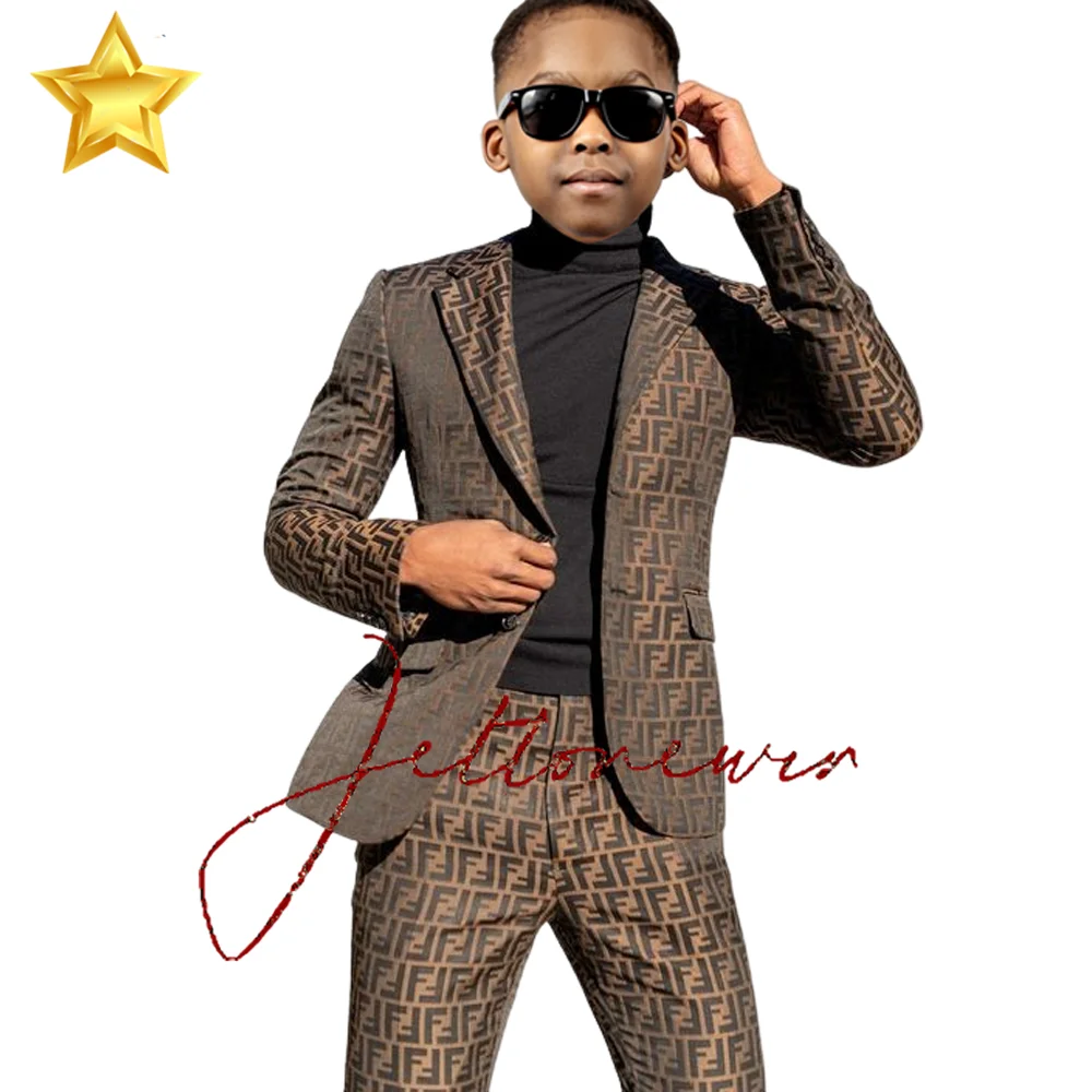 Luxury Suit For Boys Tuxedo For Wedding Double Breasted Child Jacket Pants 2 Piece Formal Kid Party Blazer Set Peaked Lapel