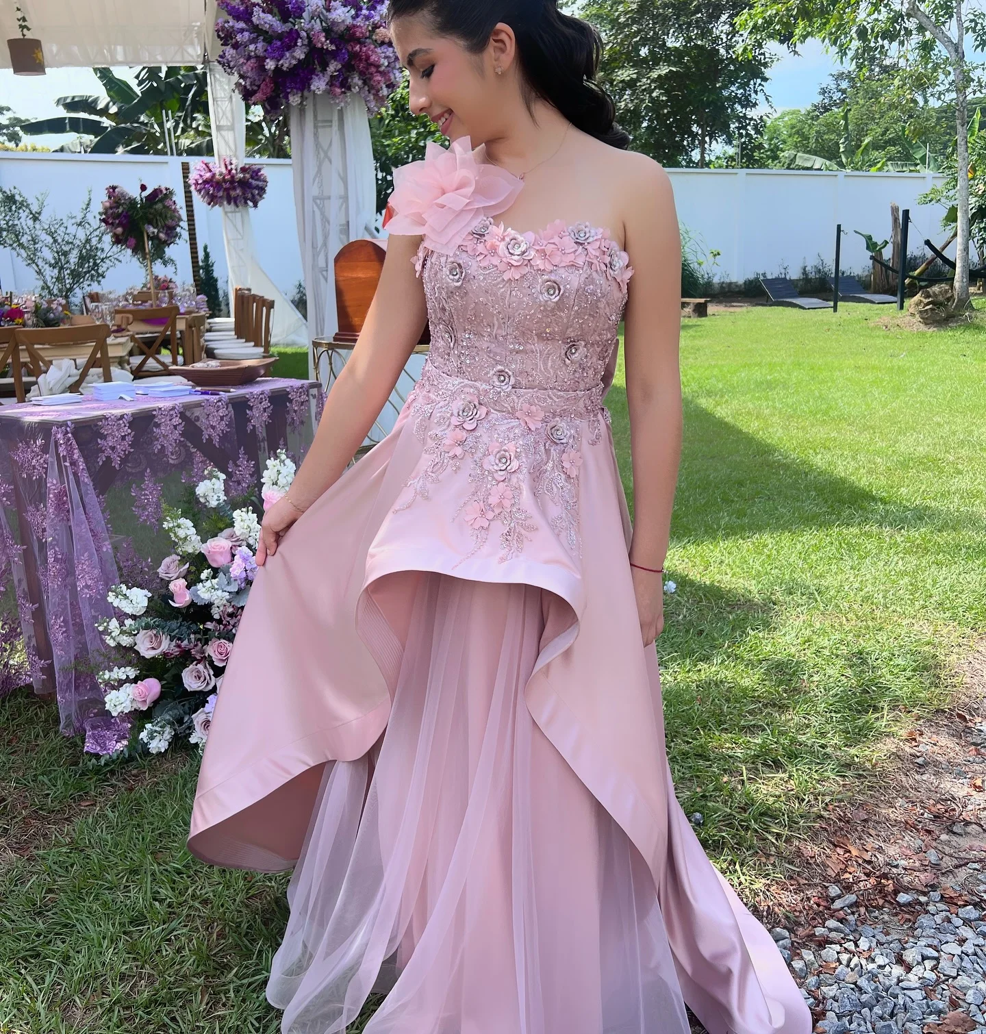 

Charming Pink Prom Dresses Romantic Lace Glitter Beads Evening Dresses with Bow Floor Length Customized Wedding Guest Gowns