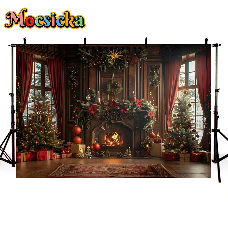 Mocsicka Christmas Fireplace Photography Backgrounds Child Adult Family Portrait  Xmas Tree Wreaths Gift Boxes Decor
