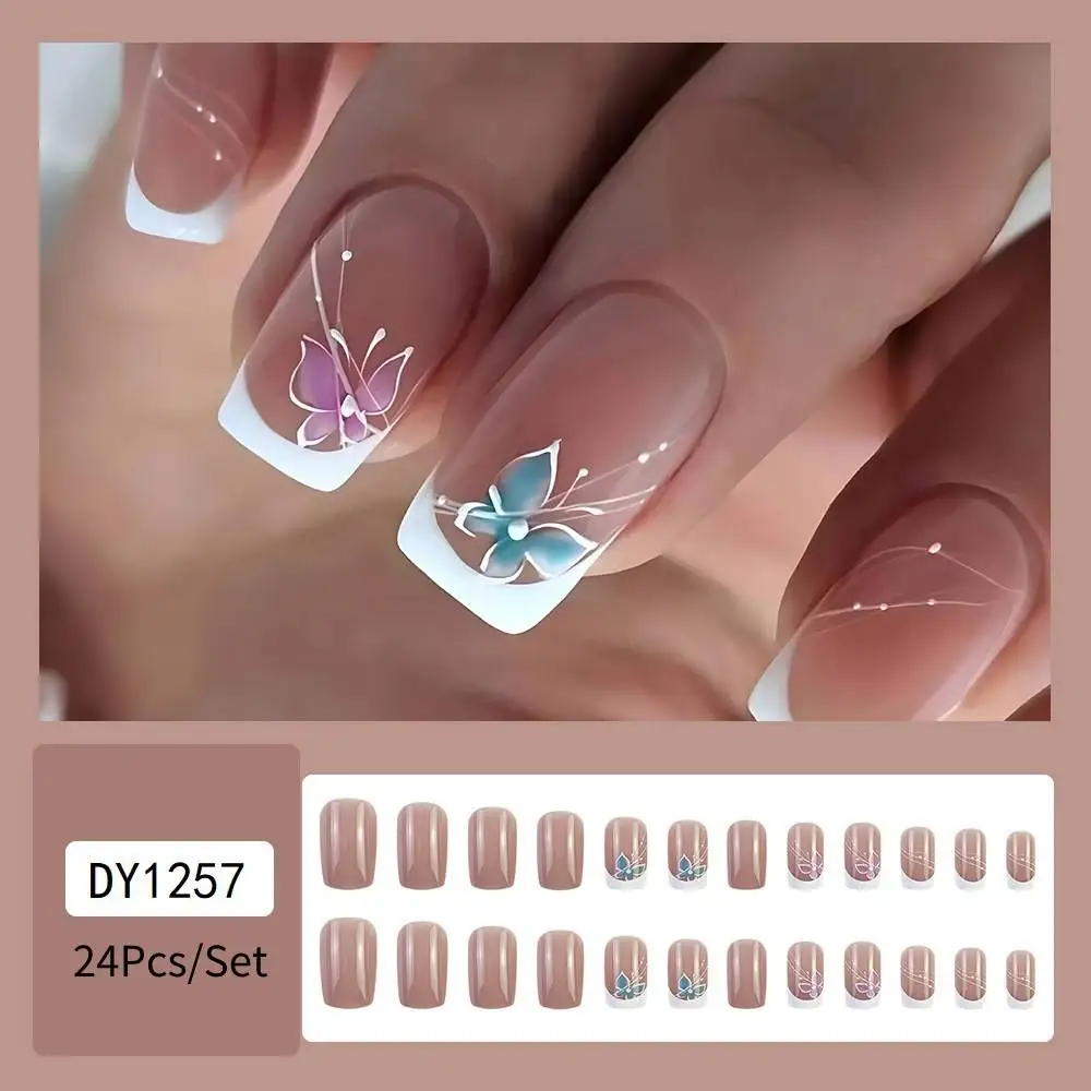 Full Cover Artificial Fake Nails French White Pink Fake Nail Short Square Butterfly False Nails Acrylic Reusable Nail 24Pcs/Set image 2