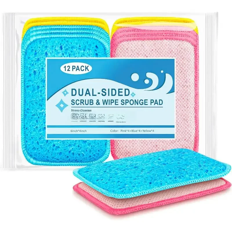 12 Pack Scrub & Wipe Cloths, Dual-Sided Sponges for Kitchen, All-Purpose Cloth for Dishes, Pots, Pans, Non-Stick Cookware