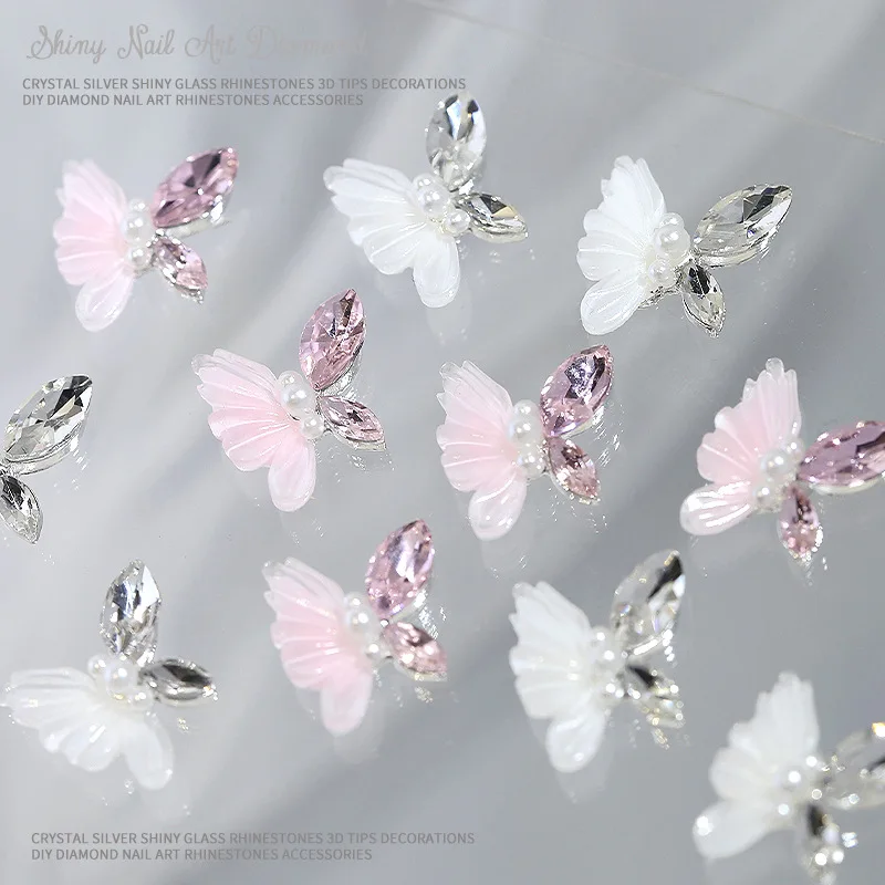 5 Stück glänzende Spleiß Schmetterling rosa weiß Marquise Diamant Flügel Perle Körper Legierung Nail Art Strass Dekorationen Maniküre Charms