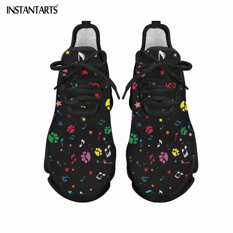 INSTANTARTS Colorful Cartoon Dog Paw Print Mesh Swing Sneakers for Ladies Breathable Lace up Platform Shoes Women Running Shoes