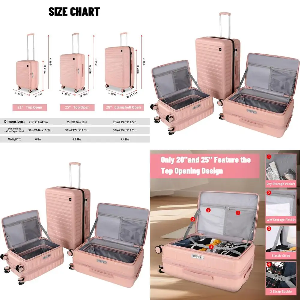 

Pink 20/24/28-Inch Lightweight Hardshell Luggage Set with Spinner Wheels and TSA Locks for Women's Travel