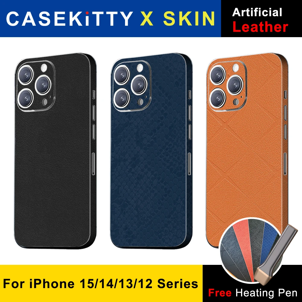 CASEKiTTY Skin Leather For iPhone 15 Pro Max Back Film 14 Plus Sticker 13 12 Mini Protective Decal Wrap Full Cover Protector