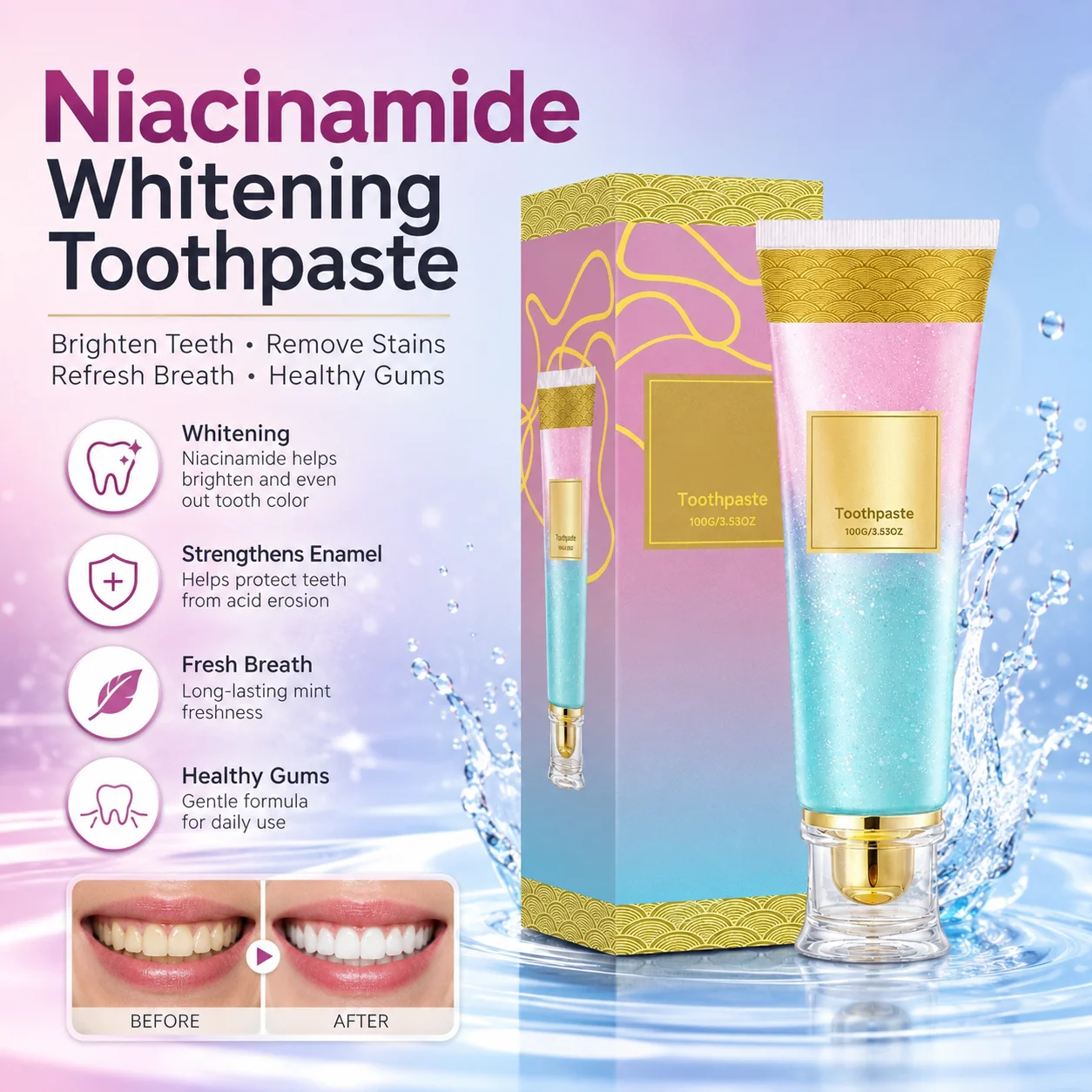 Intensive Whitening Toothpaste With Niacinamide & Hydroxyapatite,Reduce Plaque Stains Improve Bad Breath Oral Hygiene Daily Care