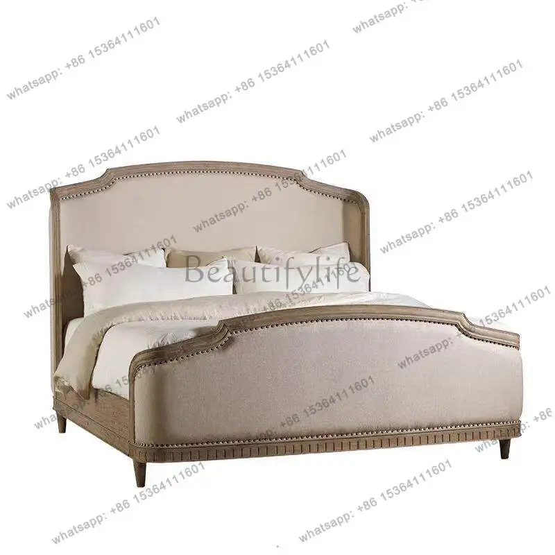 

French retro solid wood double bed 1.8 meters master bedroom wedding bed American simple fabric