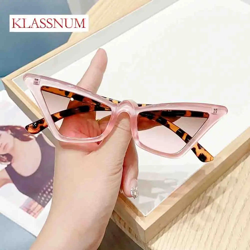 KLASSNUM Fashion Cats Eye Sunglasses Women Brand Luxury Y2K Pink Tortoiseshell Frame Shades Retro Triangle Pointed Sun Glasses