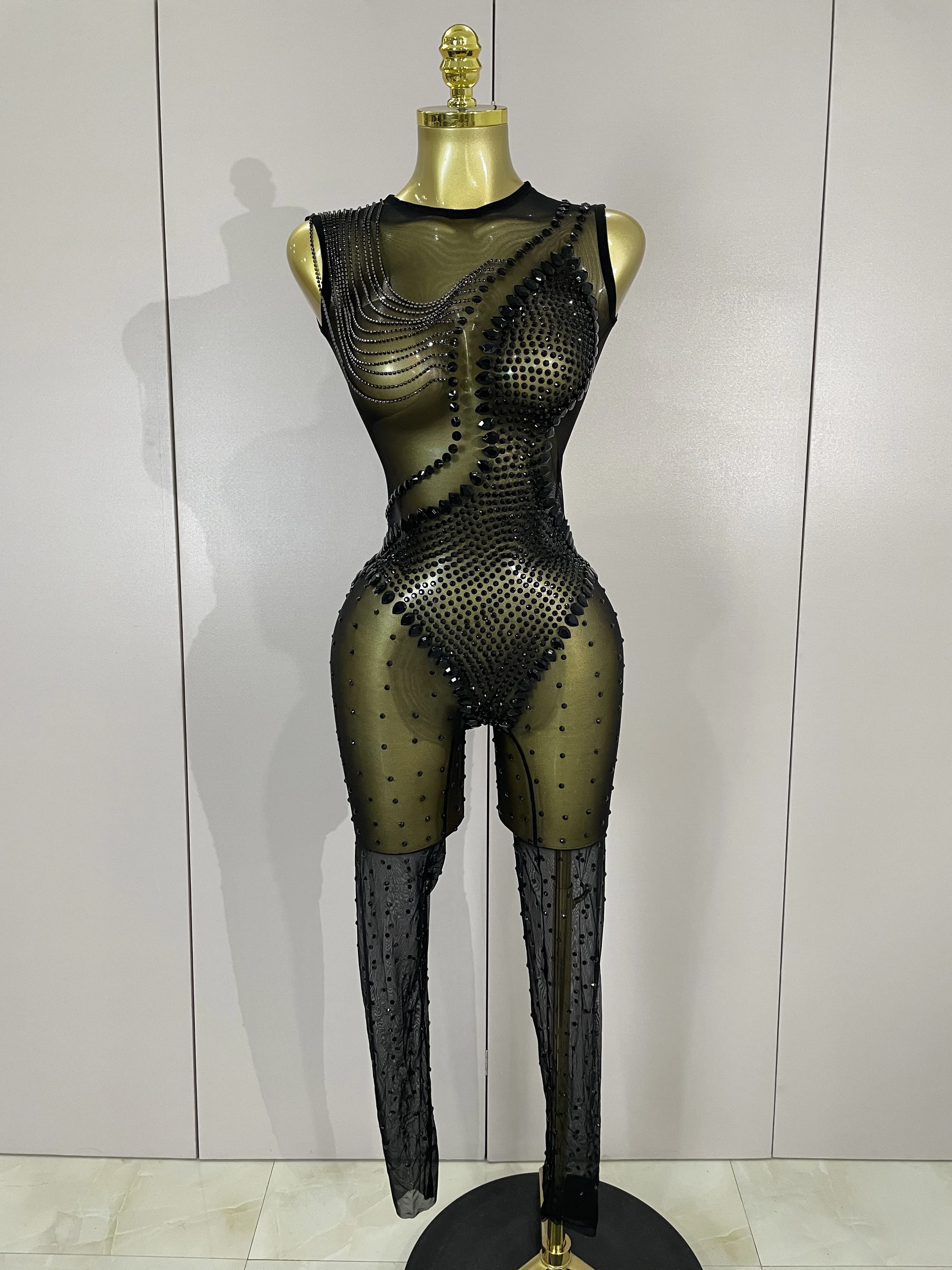 Combinaison extensible noire transparente avec chaîne en strass scintillants pour femmes, barboteuse de scène pour fête d'anniversaire, boîte de nuit, Festival, nouvelle collection