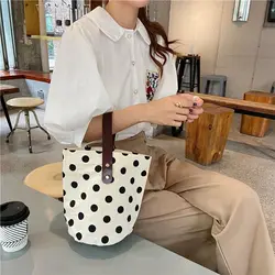 Large Capacity Polka Dot Canvas Bucket Bag All-match Wave Point Korean Style Mummy Bag Tote Bag Lunch Bag Handbag Girls