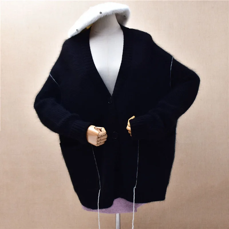 

1142 Women Autumn Winter Clothing Blue Beading Hairy Mink Cashmere Knitted Long Sleeves Loose Cardigans Sweater Jacket Pull