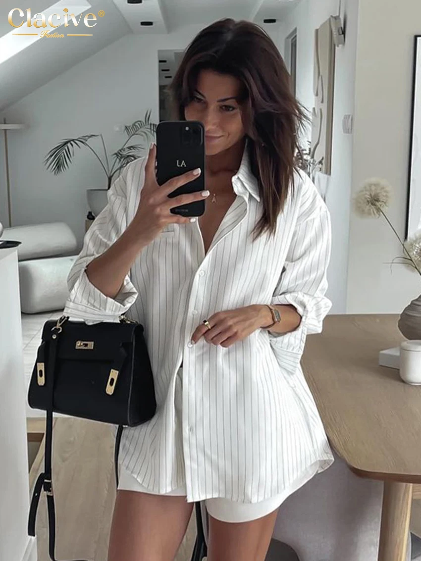 Clacive Fashion Loose Stripe Print Women\'s Blouse 2025 Casual Lapel Long Slleeve Shirts Elegant Classic Top Female Clothing
