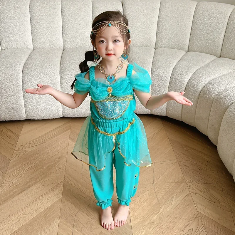 Children's Performance Costume Set Fairy Tale Aladdin Cosplay Clothes Sleeveless Jasmine Princess Skirt for Girl Program Perform