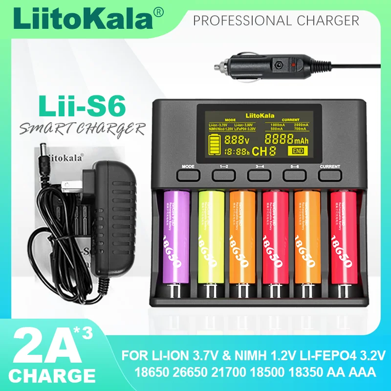 LiitoKala Lii-S6 3.2V 3.7V 18650 ładowarka 6-Slot Auto-polaryzacja wykrywa 26650 21700 18500 14500 20700 baterie AA AAA 1.2V