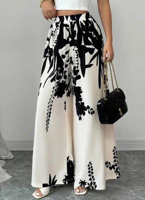 Calças Femininas Pretas com Estampa Floral, Perna Larga, Cintura Alta Elástica, em Cetim Sedoso, Estilo Palazzo, para Verão, Férias, Casual, Soltas, Compridas, para Praia