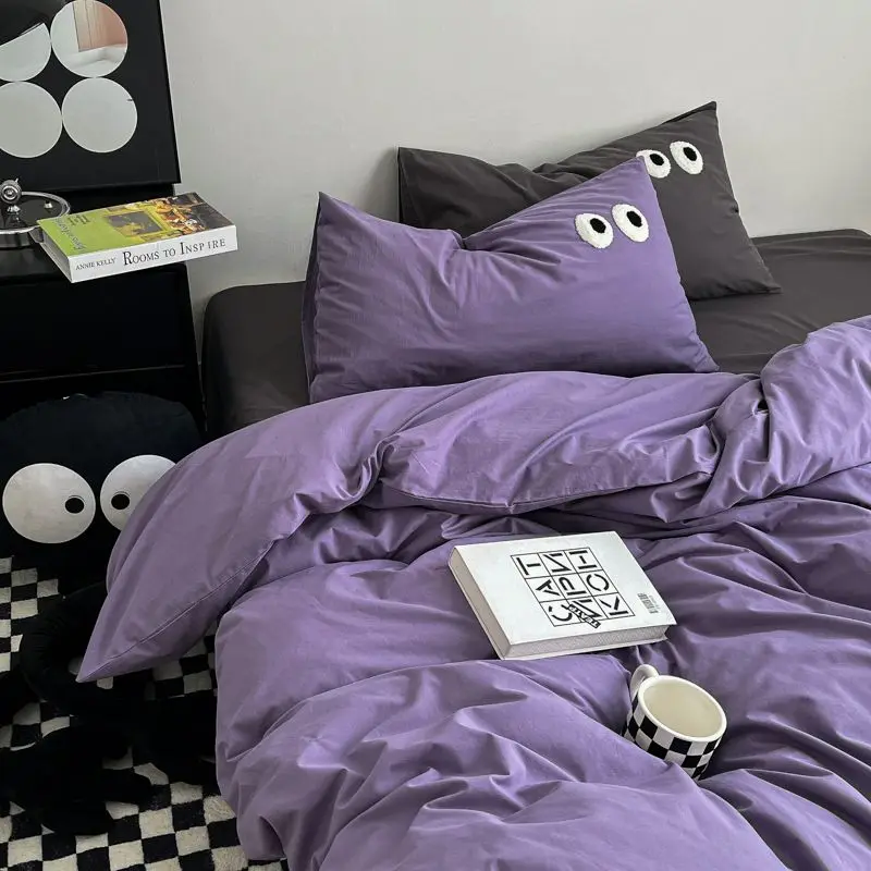 

High Quality Solid Color Bedding Set Washed Cotton Duvet Cover Big Eyes Bedclothes Soft Flat Sheet Pillowcases for Girl Adults