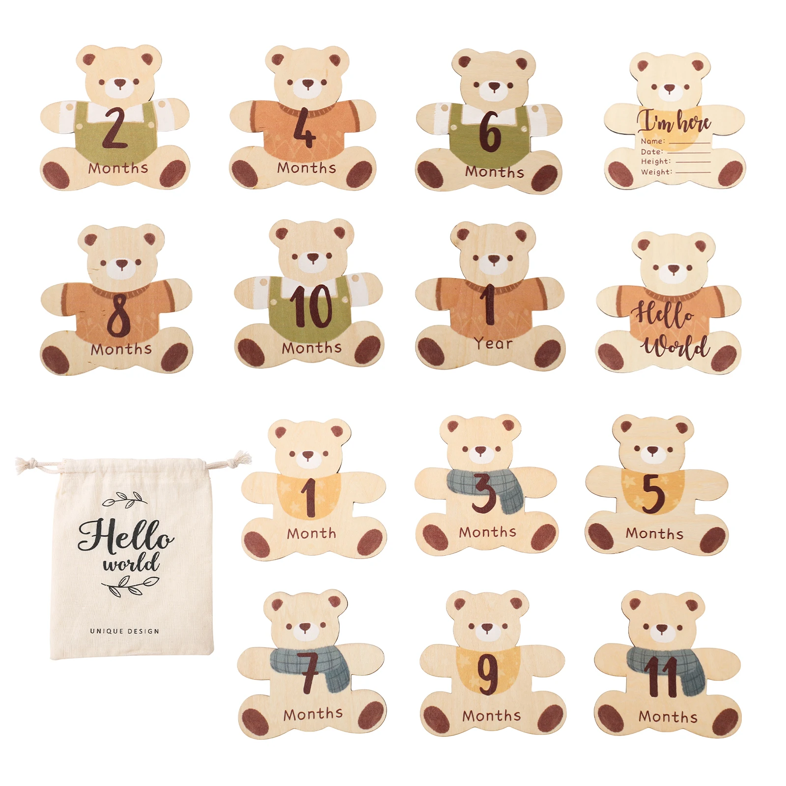 

Baby Wooden Monthly Memorial Milestone Cards Bear Shape Monthly Newborn Engraved Age Photography Accessories Baby Birthing Gift