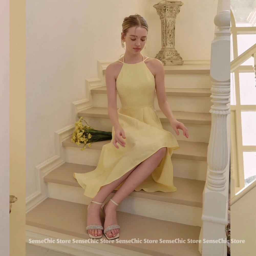 노란색 간단한 이브닝 드레스 여성 우아한 한국 홀터넥 a 라인 새틴 사진 촬영 공식 바닥 길이 행사 드레스 맞춤형