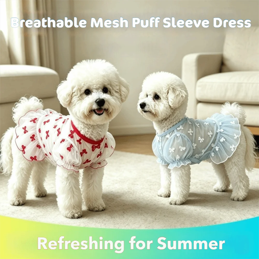 Ultradünner Netz-Hundekleid mit Schleifenmuster, leichte Hundekleidung mit Sonnenschutz, atmungsaktive Sommerkleidung für kleine und mittelgroße Hunde.