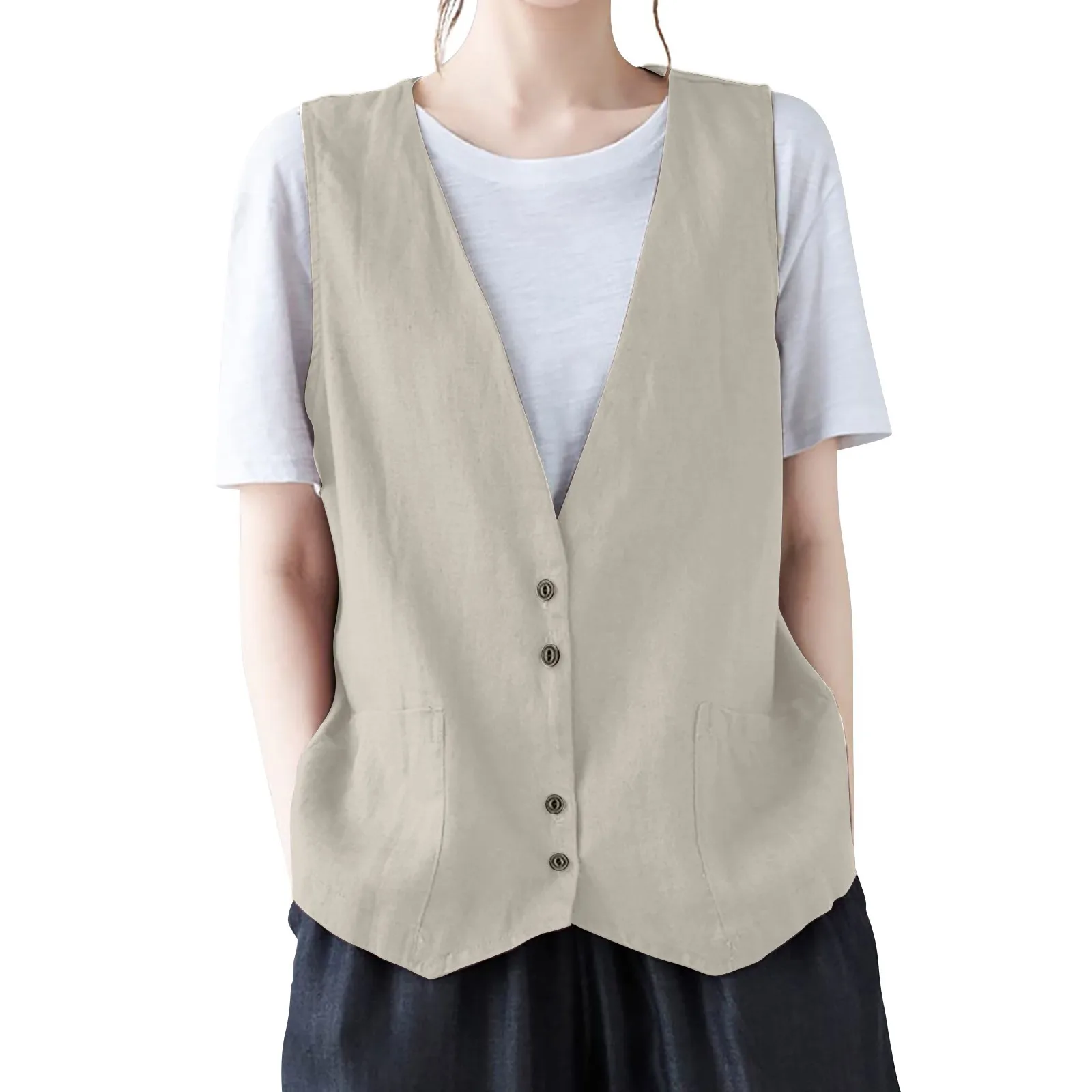 Vest Button Down V-Neck Waistcoat Jacket Versatile And Daily Girls' Solid Color Fashionable Cool Hip Pop Sleeveless Cotton Linen