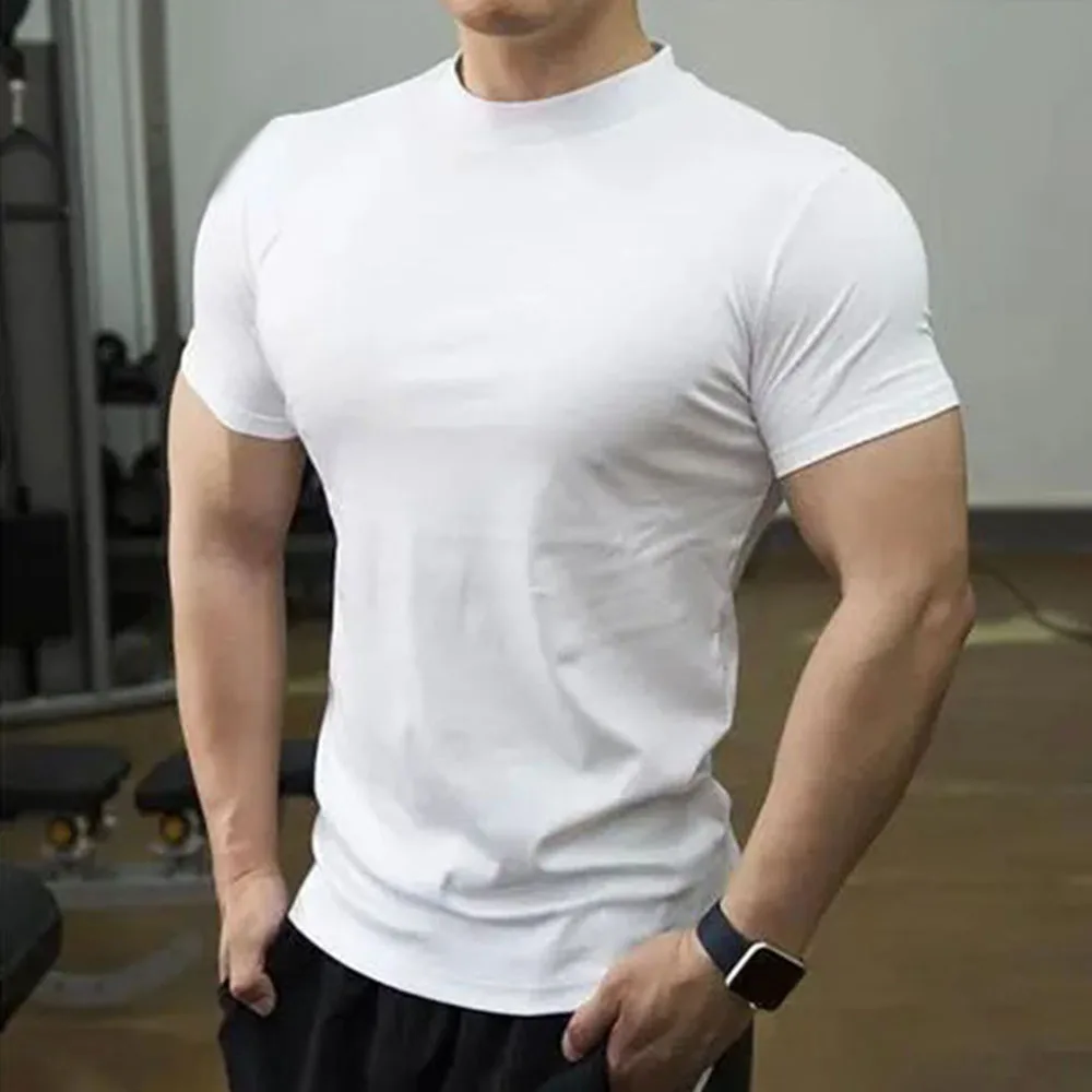 

Gym Tops Solid Color Short-Sleeved T-Shirt Mens High Collar Muscle Sports Fitness Training Elastic Tights Tops Mens Clothing