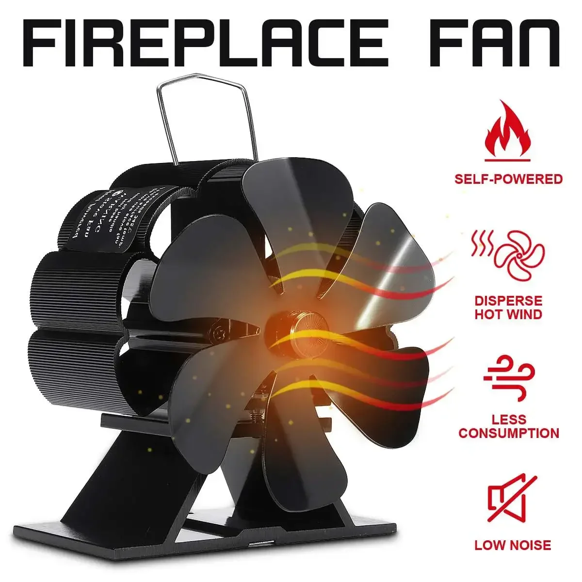 Black Fireplace 5 / 6 Blade Heat Powered Stove Fan Log Wood Burner Eco Friendly Quiet Fan Home Efficient Heat Distribution