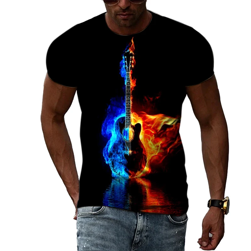 Summer Fashion Guitar Picture  T-Shirts For Men Casual 3D Print Tees Hip Hop Personality Round Neck Short Sleeve Tops