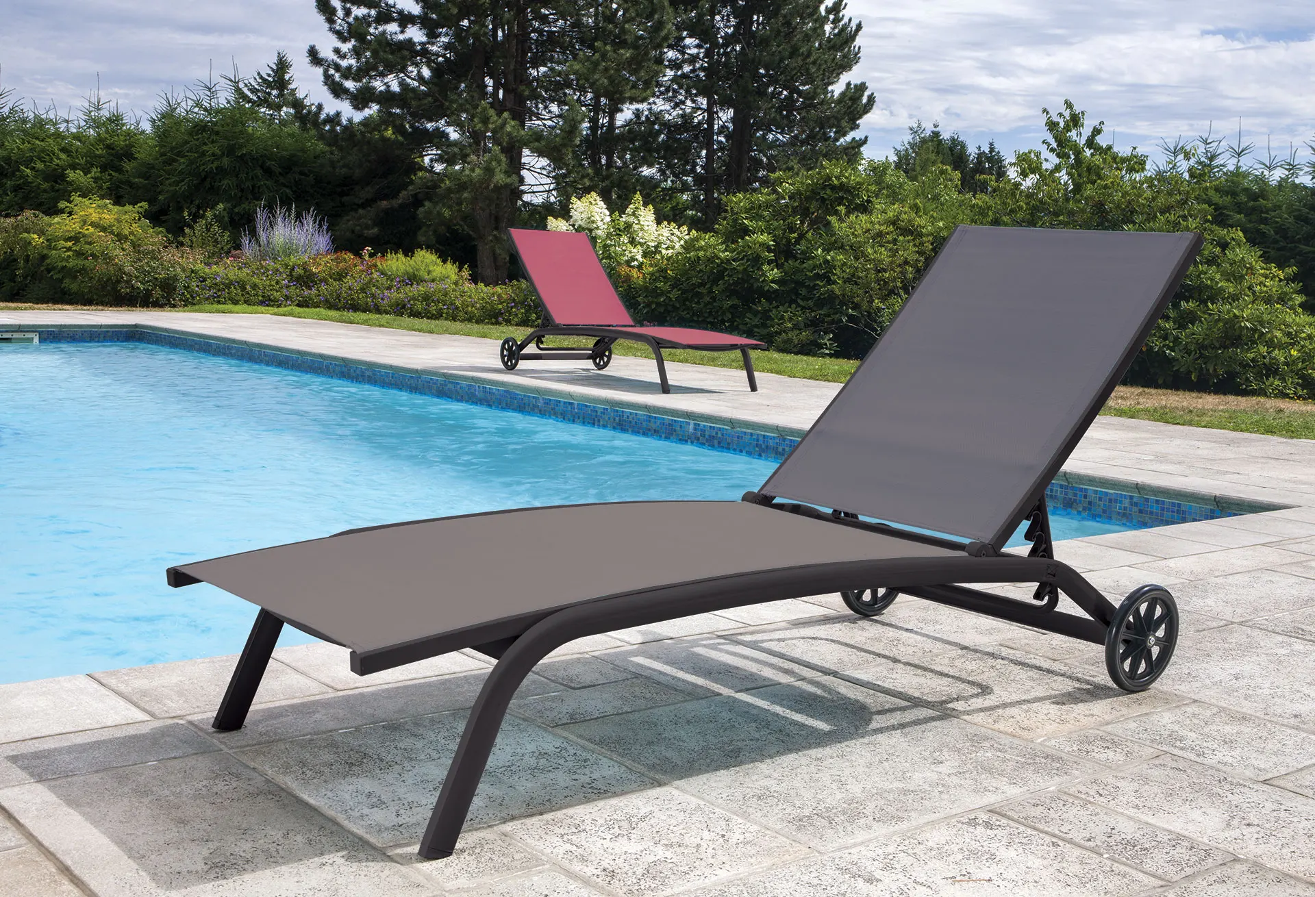 Outdoor Sunbeds Lounger Reclining Lounge Chair Aluminium Teslin Wheels Multi-Position Backrest UV Resistant Max Load Hotel Villa