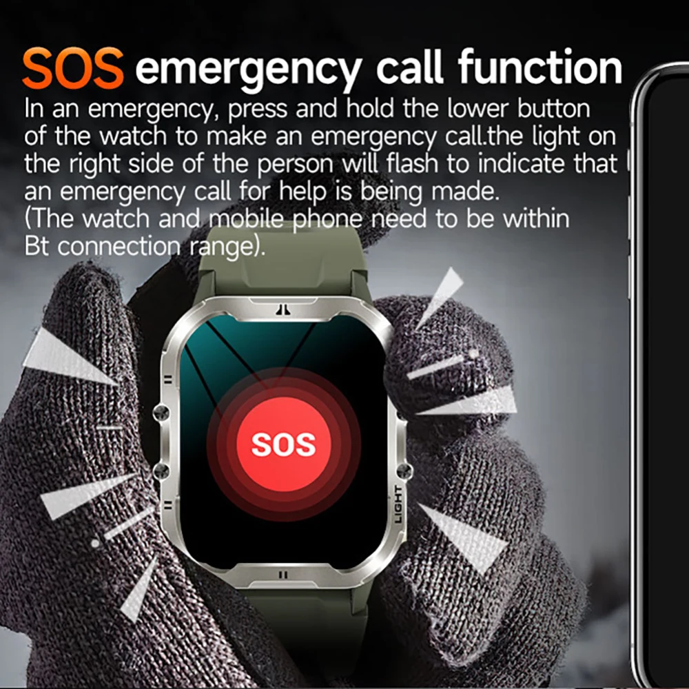 New Men Outdoor Flashlight Sports Smart Watch Health Body Temperature Monitor Smartwatch Blue Tooth Call Anti Fall 1.96" Screen