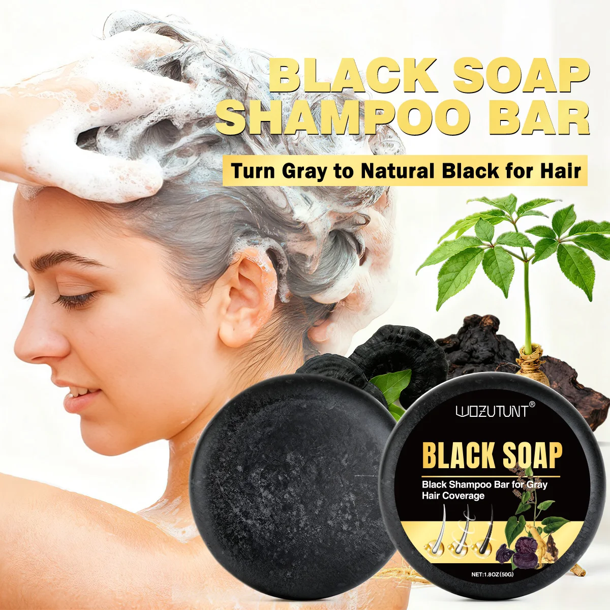 Shampoo de cabelo preto natural, sabonete ganoderma polygonum multiflorum, nutritivo, reparação gradualmente, cabelo cinza, sabonete de ervas para crescimento capilar