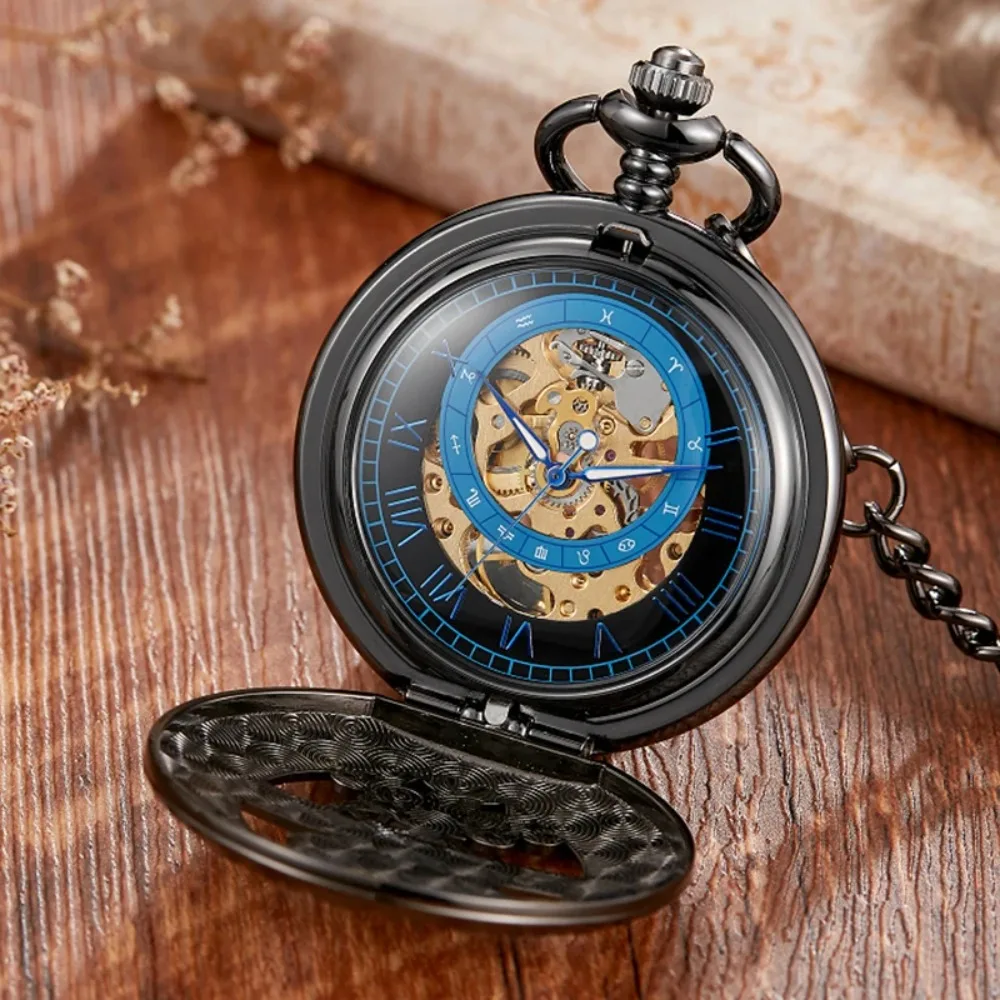 Classic Unisex Mechanical Hand Winding Pocket Watch Roman Number Skeleton Timepiece Fob Chain Collectable Clock