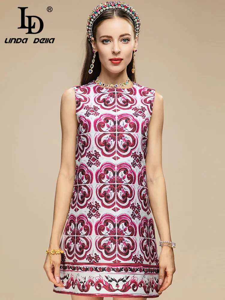 LD LINDA DELLA Fashion Runway 2023 New Summer Mini Dress Women\'s Print Vintage Sleeveless Tank Short Dress