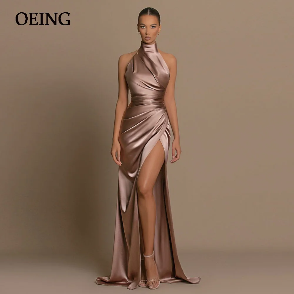 OEING Champagne Halter Neck Evening Dress Pleated Stain Prom Gown Floor Length High Side Split Dresses For Formal Occasion