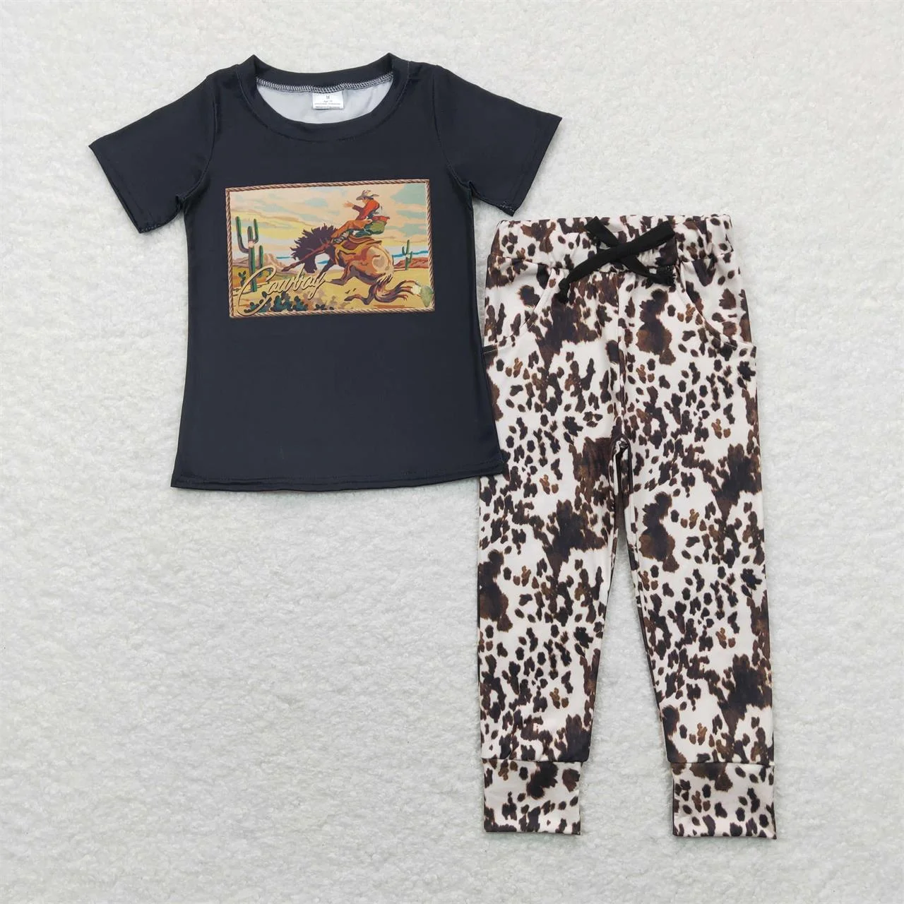 

Wholesale Toddler Western Set Short Sleeves Rodeo T-Shirt Kids Pocket Leopard Pants Baby Boy Outfit Infant Children Clothes