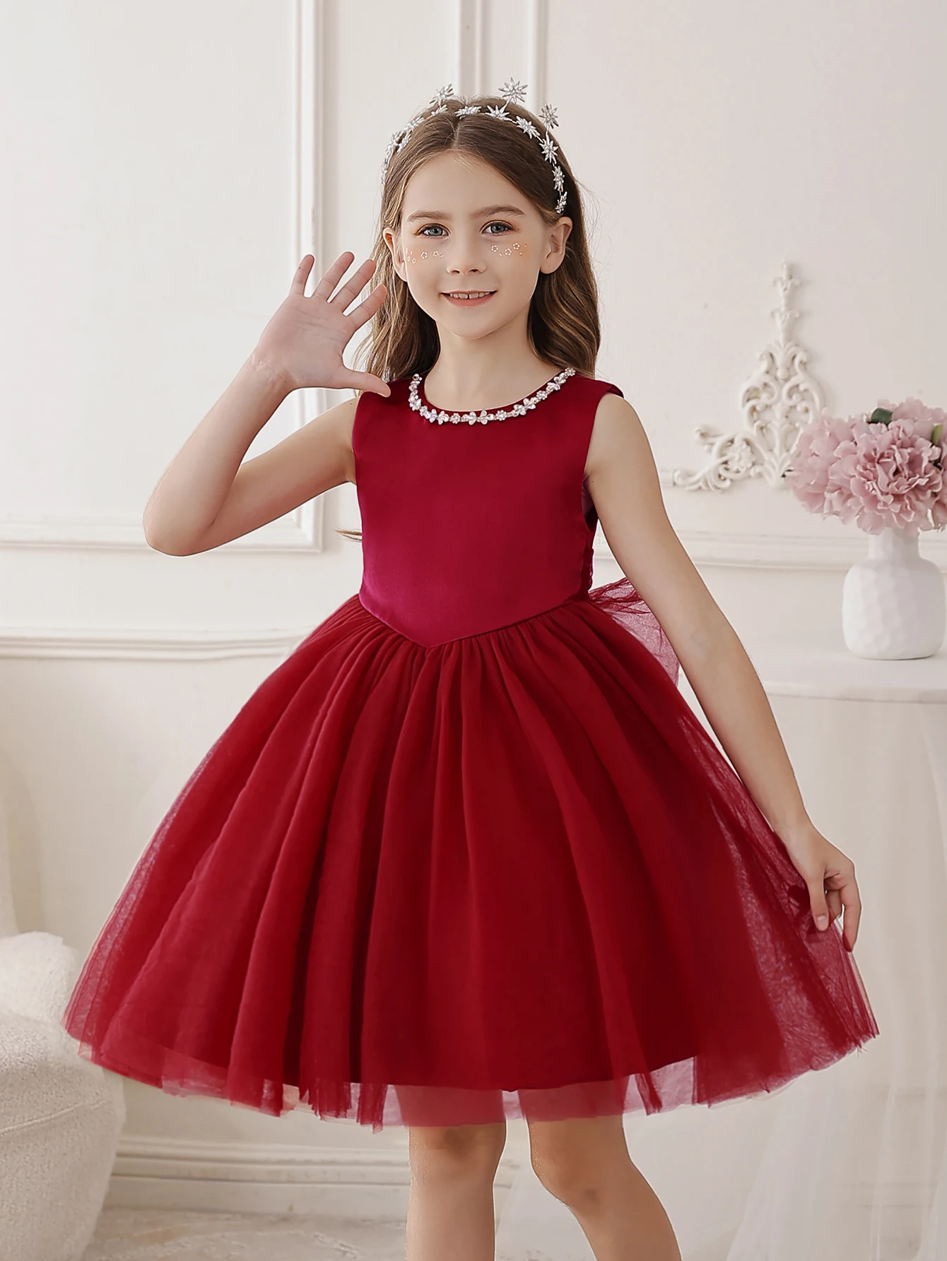 Girls' Christmas Burgundy Dress Suitable for Birthday Parties Weddings and Featuring flower child Gauze Style