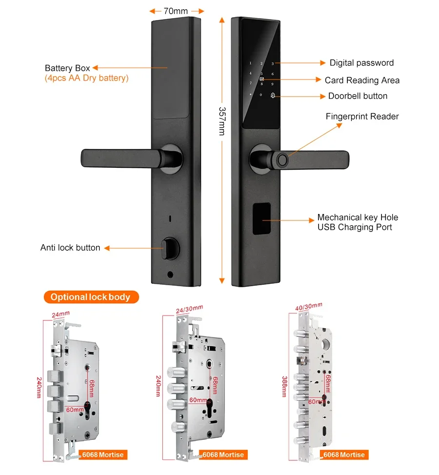 Home Security Digital Smart Door Lock, Built-in WiFi Application and Aluminum Fingerprint Inner Handle